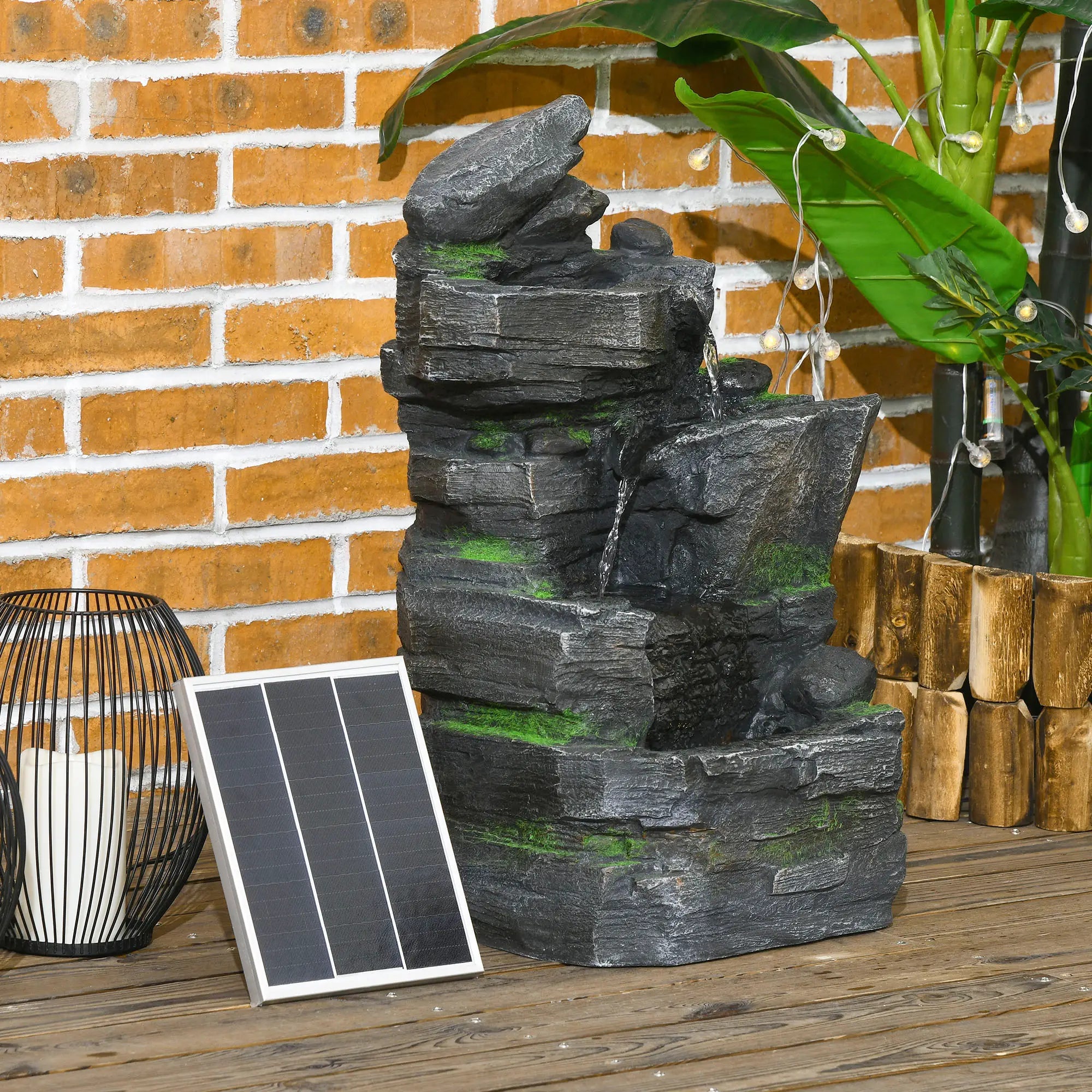 Garden Water Feature, Solar Powered with LED Lights - Dark Grey