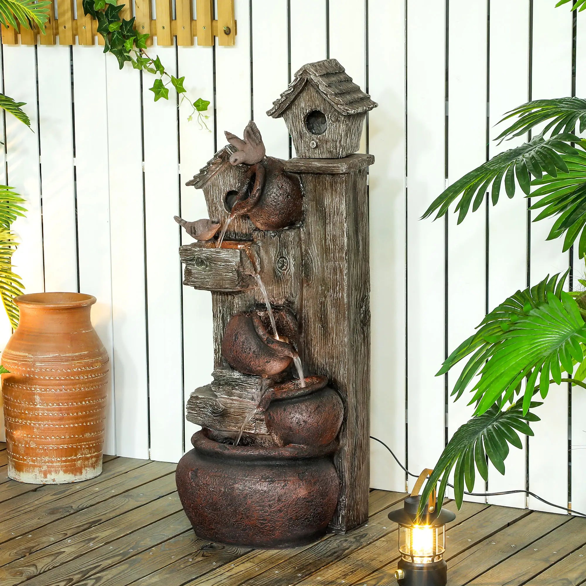 2-in-1 Waterfall Fountain with Birdhouse, Resin Garden Water Fountain with LED Lights Pump, Cascading Garden Water Feature with Tree Trunk Design, Multi-colour