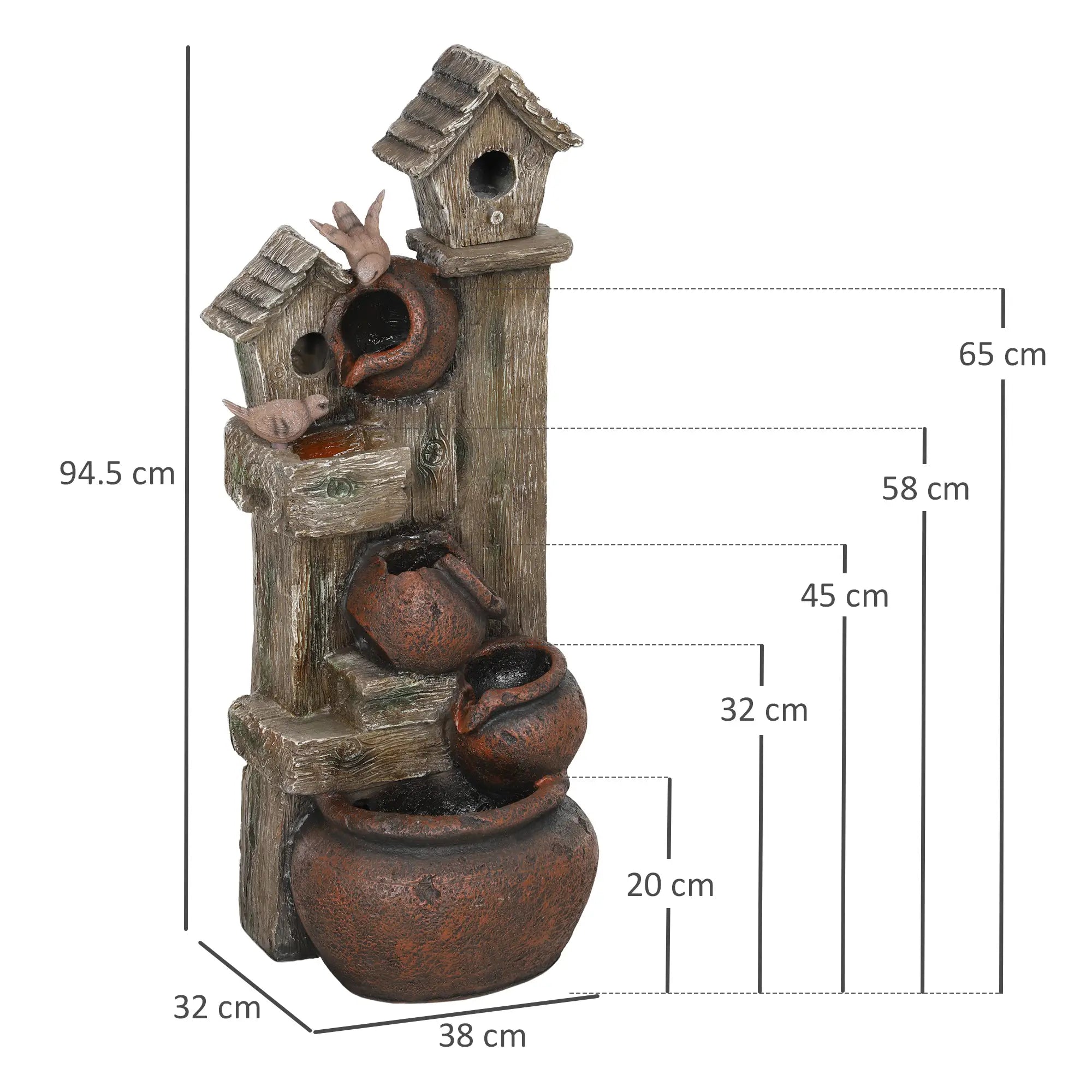 2-in-1 Waterfall Fountain with Birdhouse, Resin Garden Water Fountain with LED Lights Pump, Cascading Garden Water Feature with Tree Trunk Design, Multi-colour