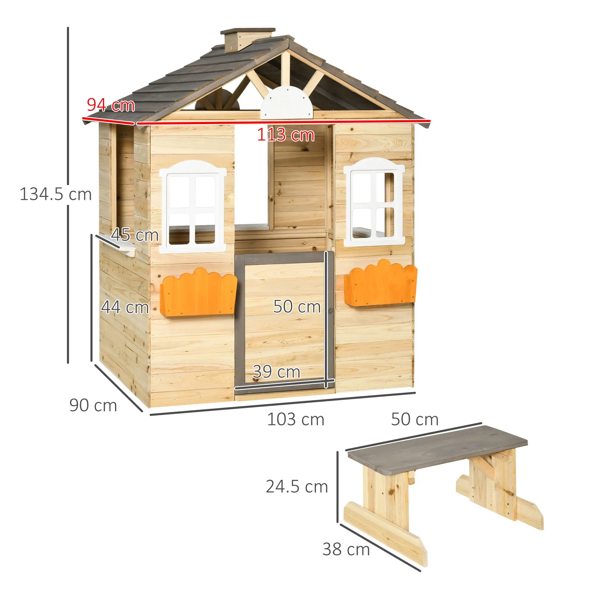 Wooden Playhouse for Kids Outdoor Wendy House with Door, windows, Bench, Service Stations, Flowerpot Holder, For Ages 3-7 Years