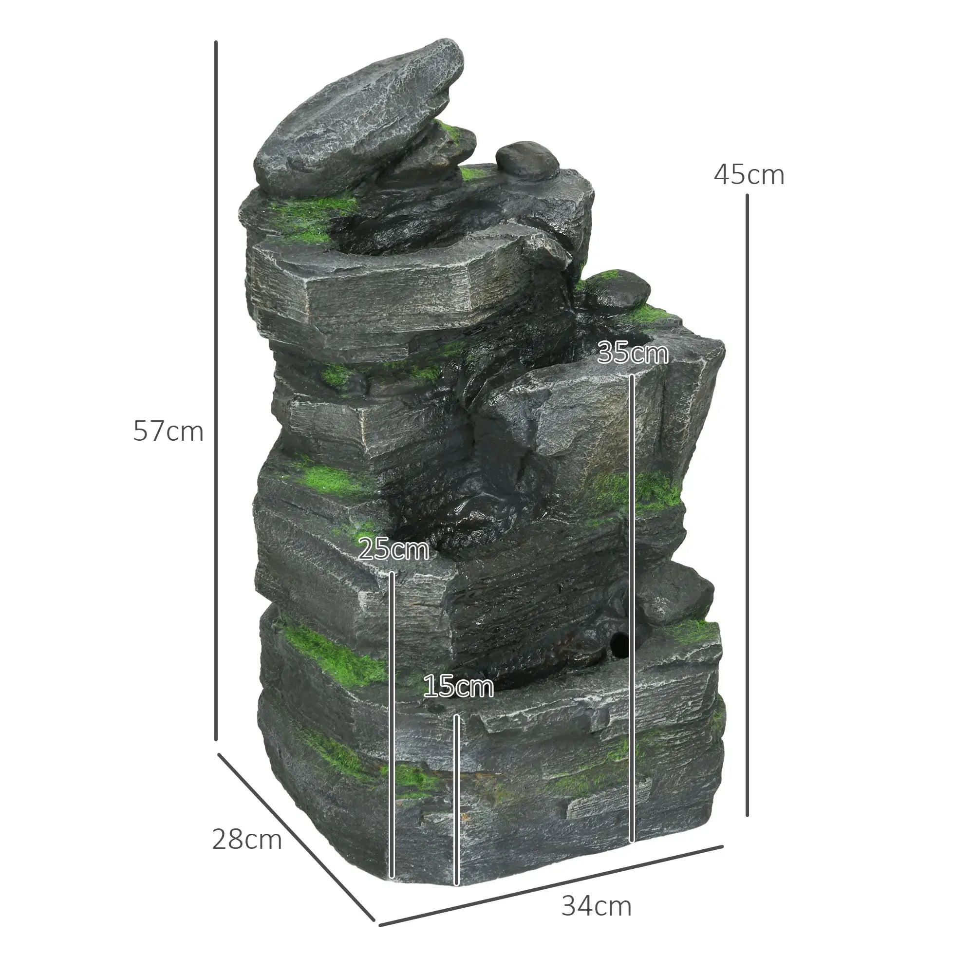 Garden Water Feature, Solar Powered with LED Lights - Dark Grey