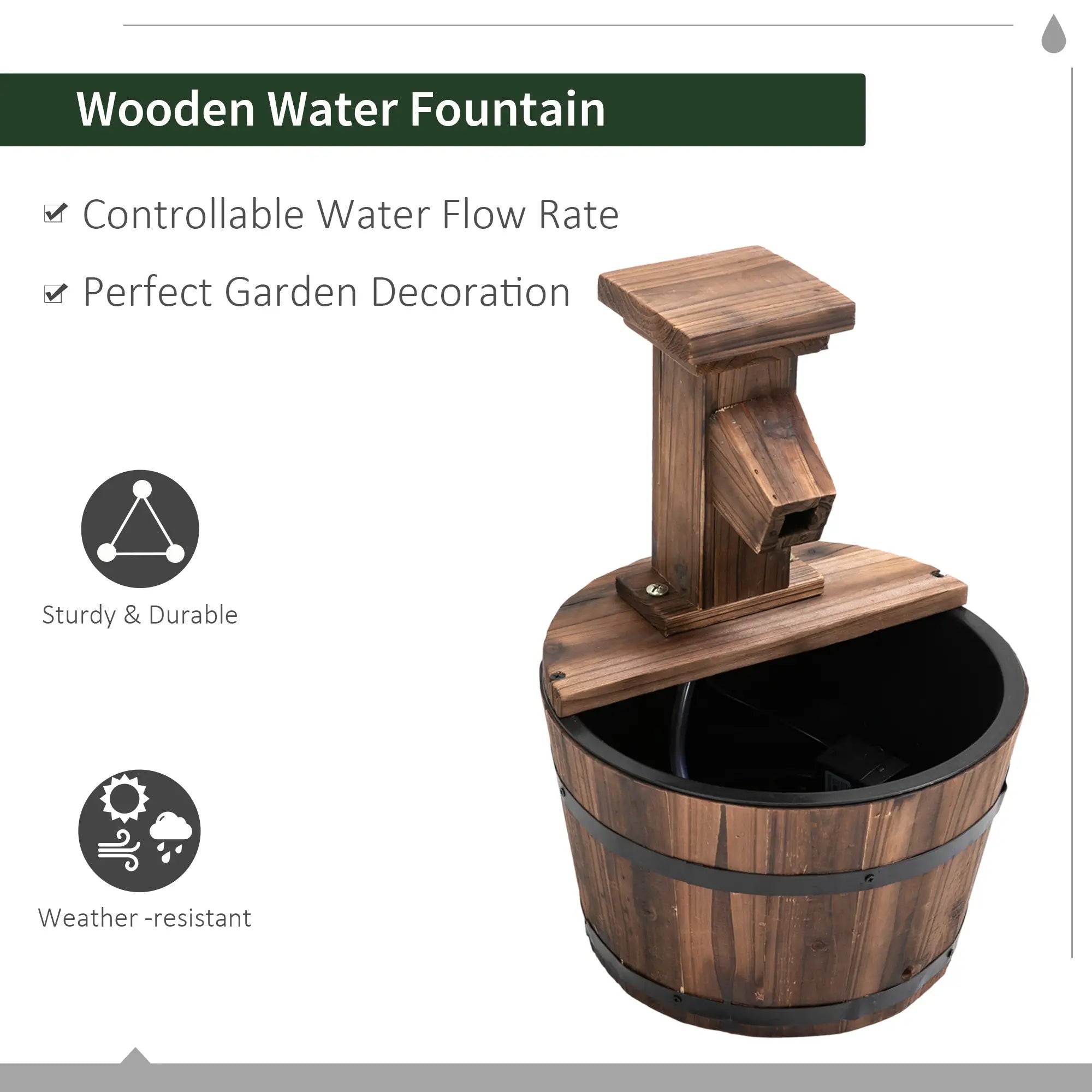 Wood Barrel Patio Water Fountain Garden Decorative Ornament Water Feature with Electric Pump