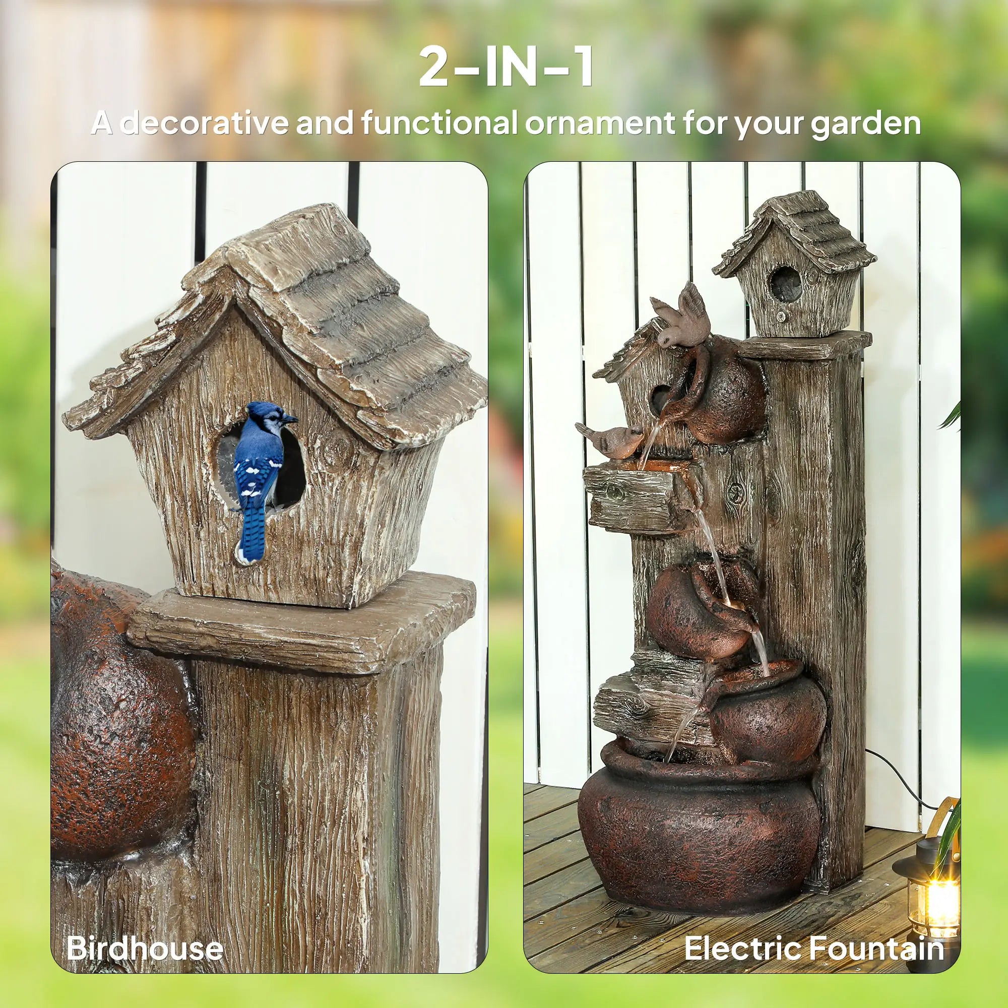 2-in-1 Waterfall Fountain with Birdhouse, Resin Garden Water Fountain with LED Lights Pump, Cascading Garden Water Feature with Tree Trunk Design, Multi-colour