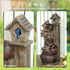 2-in-1 Waterfall Fountain with Birdhouse, Resin Garden Water Fountain with LED Lights Pump, Cascading Garden Water Feature with Tree Trunk Design, Multi-colour