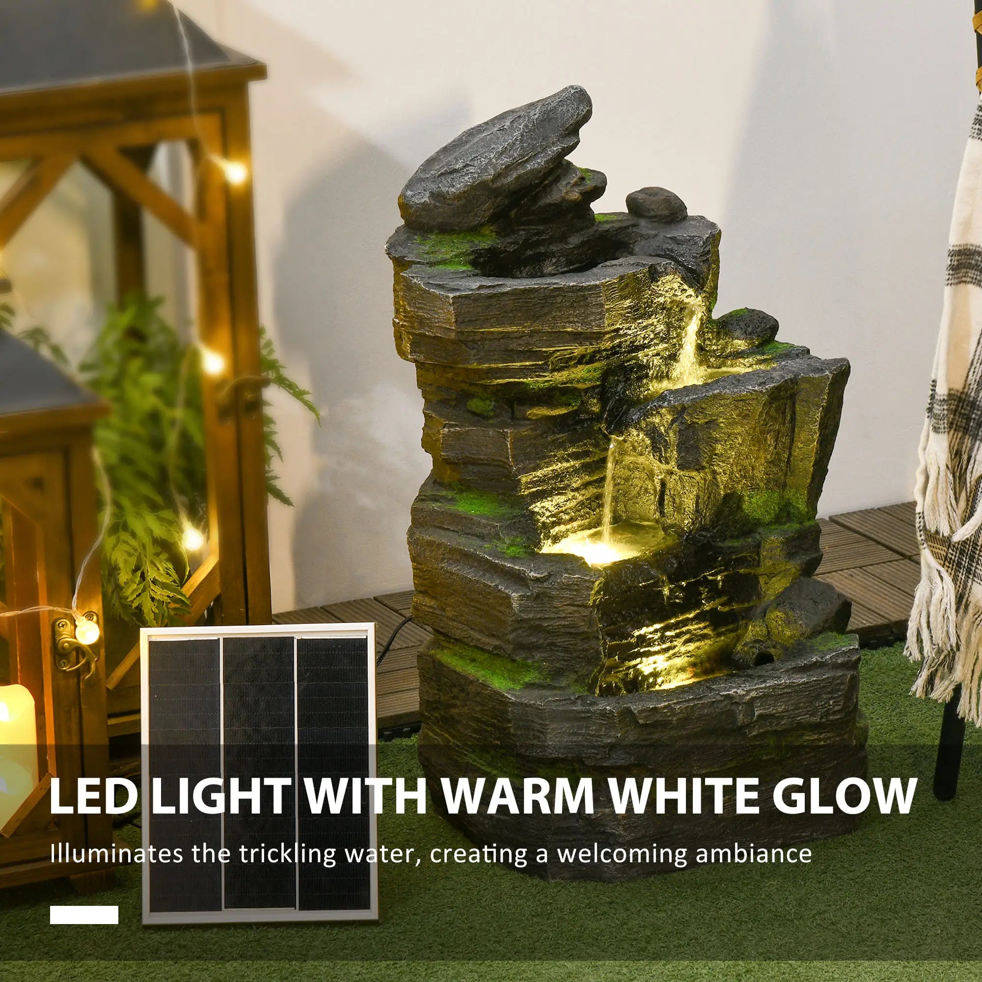 Garden Water Feature, Solar Powered with LED Lights - Dark Grey