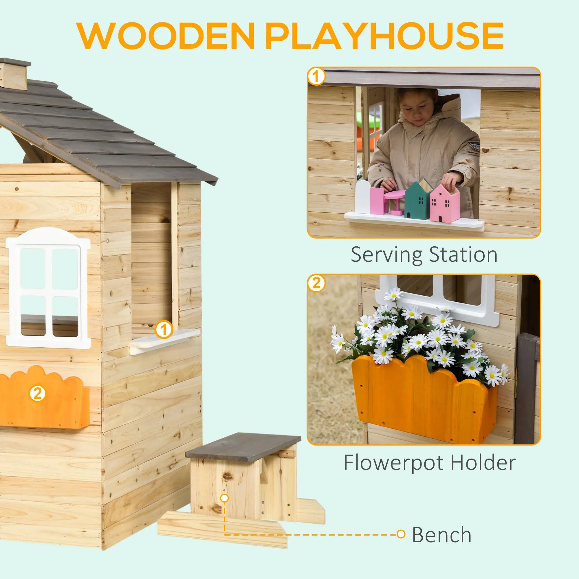 Wooden Playhouse for Kids Outdoor Wendy House with Door, windows, Bench, Service Stations, Flowerpot Holder, For Ages 3-7 Years