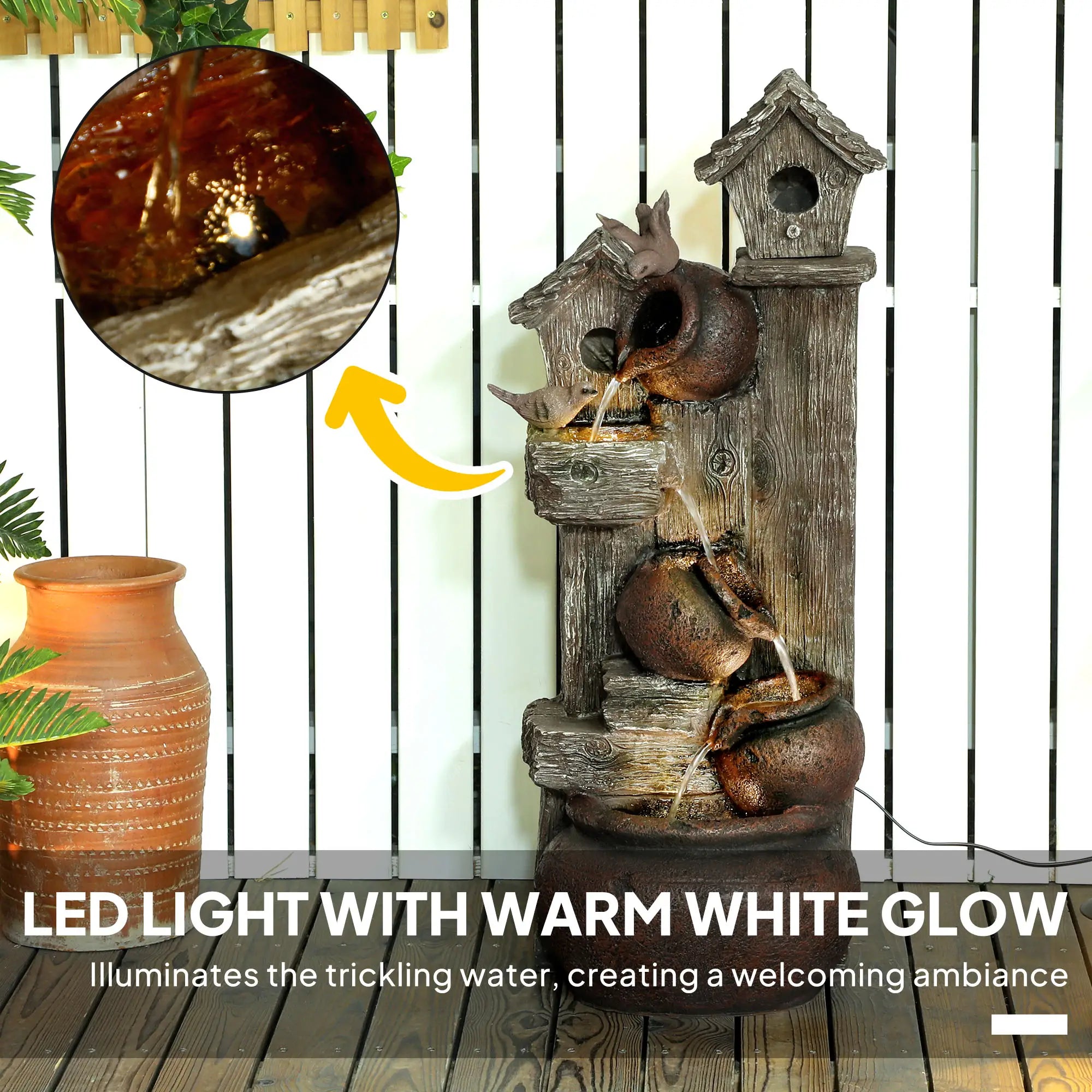 2-in-1 Waterfall Fountain with Birdhouse, Resin Garden Water Fountain with LED Lights Pump, Cascading Garden Water Feature with Tree Trunk Design, Multi-colour