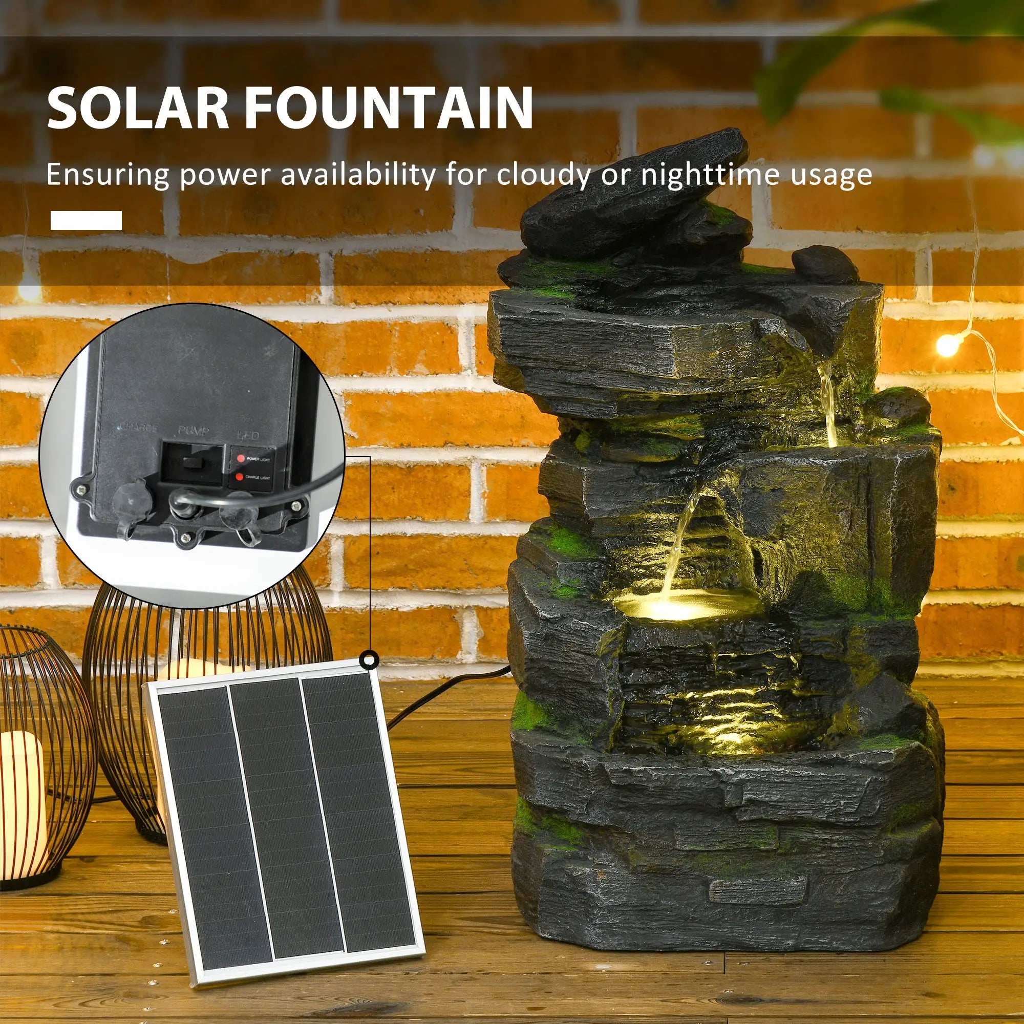 Garden Water Feature, Solar Powered with LED Lights - Dark Grey