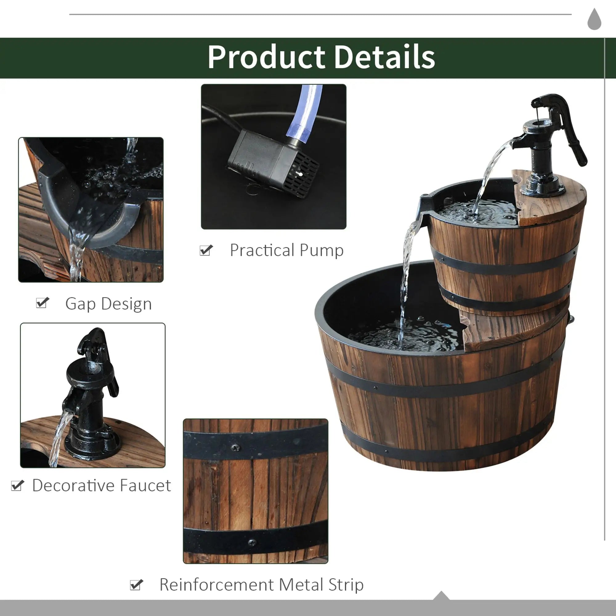 Wooden Water Pump Fountain, 2 Tier-Fir Wood