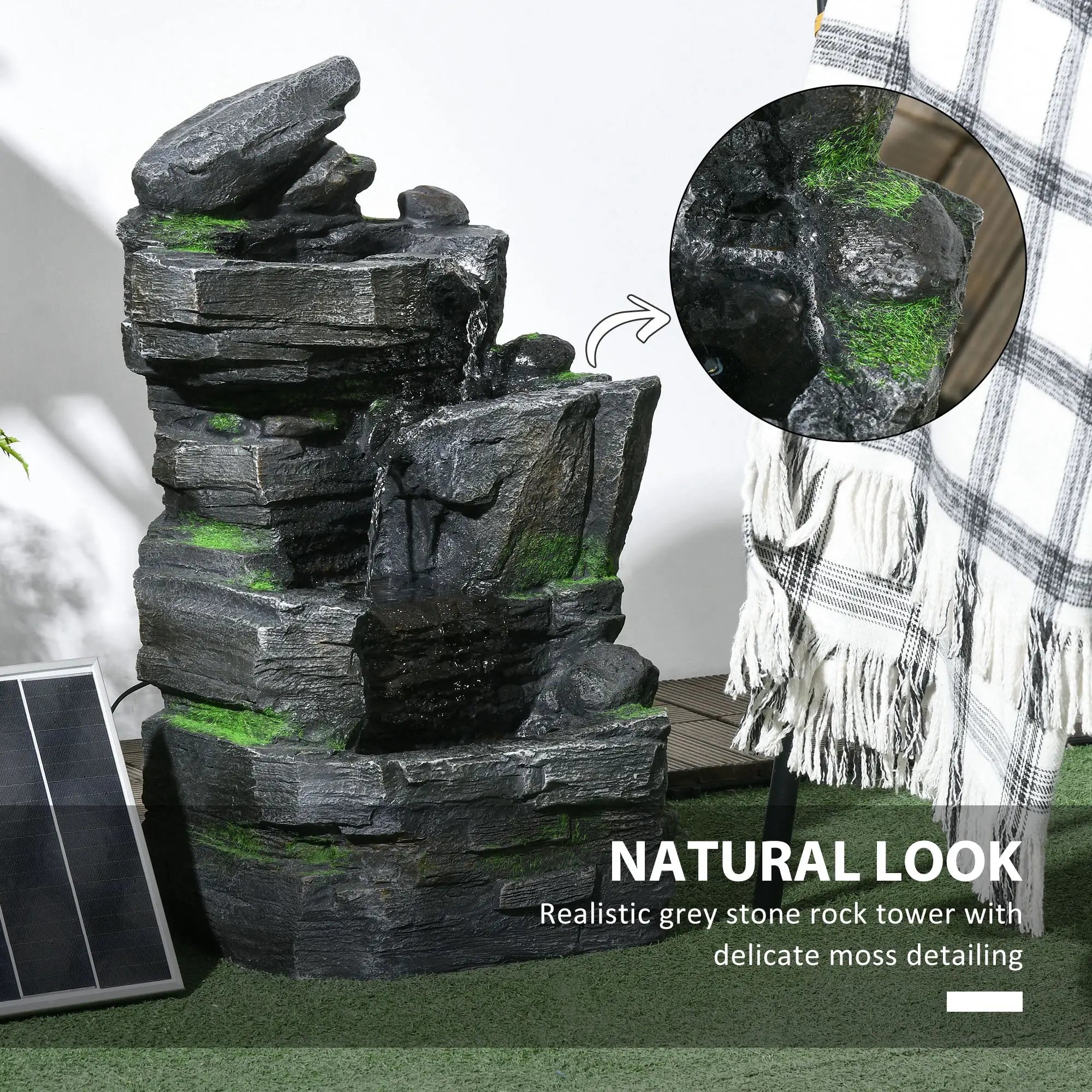 Garden Water Feature, Solar Powered with LED Lights - Dark Grey