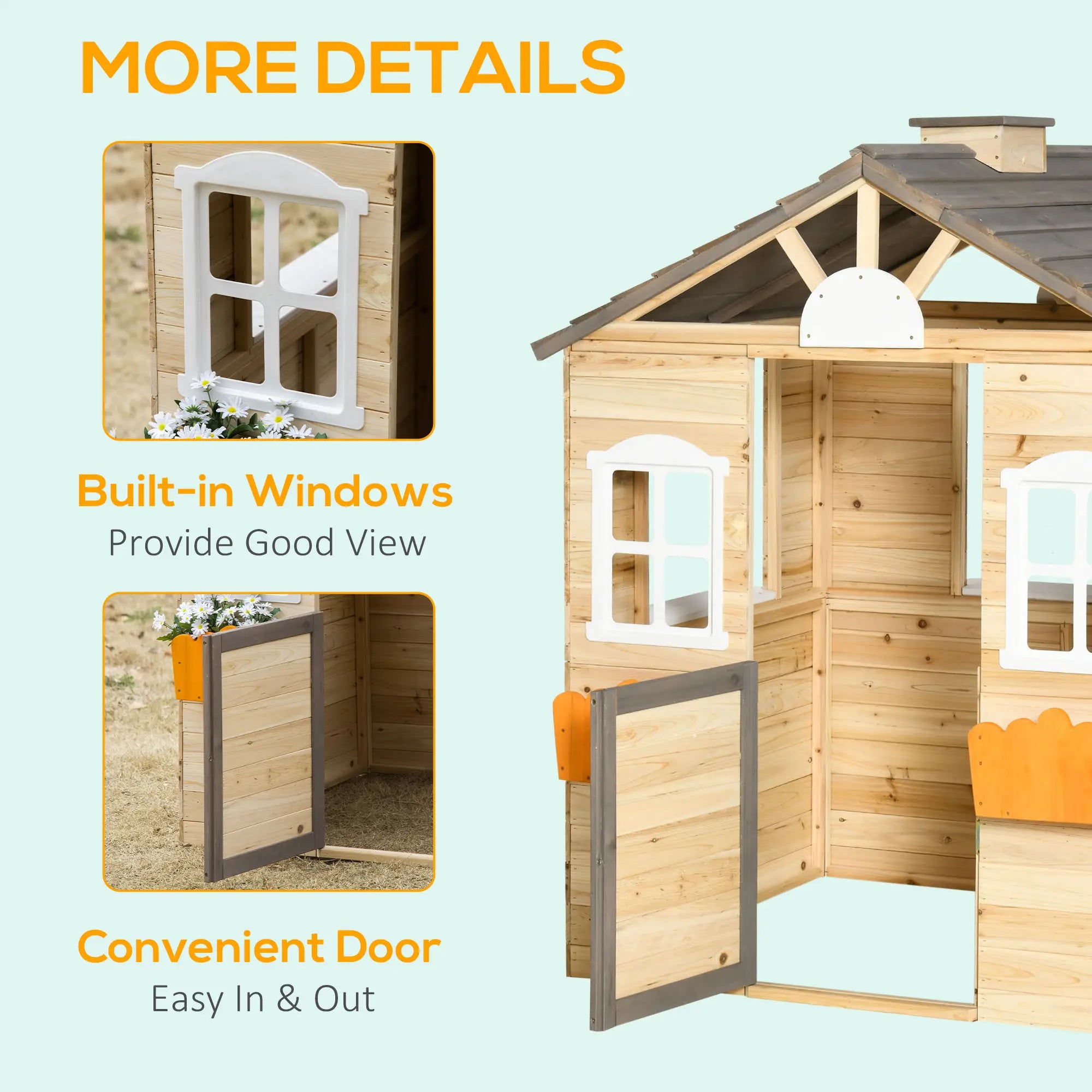 Wooden Playhouse for Kids Outdoor Wendy House with Door, windows, Bench, Service Stations, Flowerpot Holder, For Ages 3-7 Years