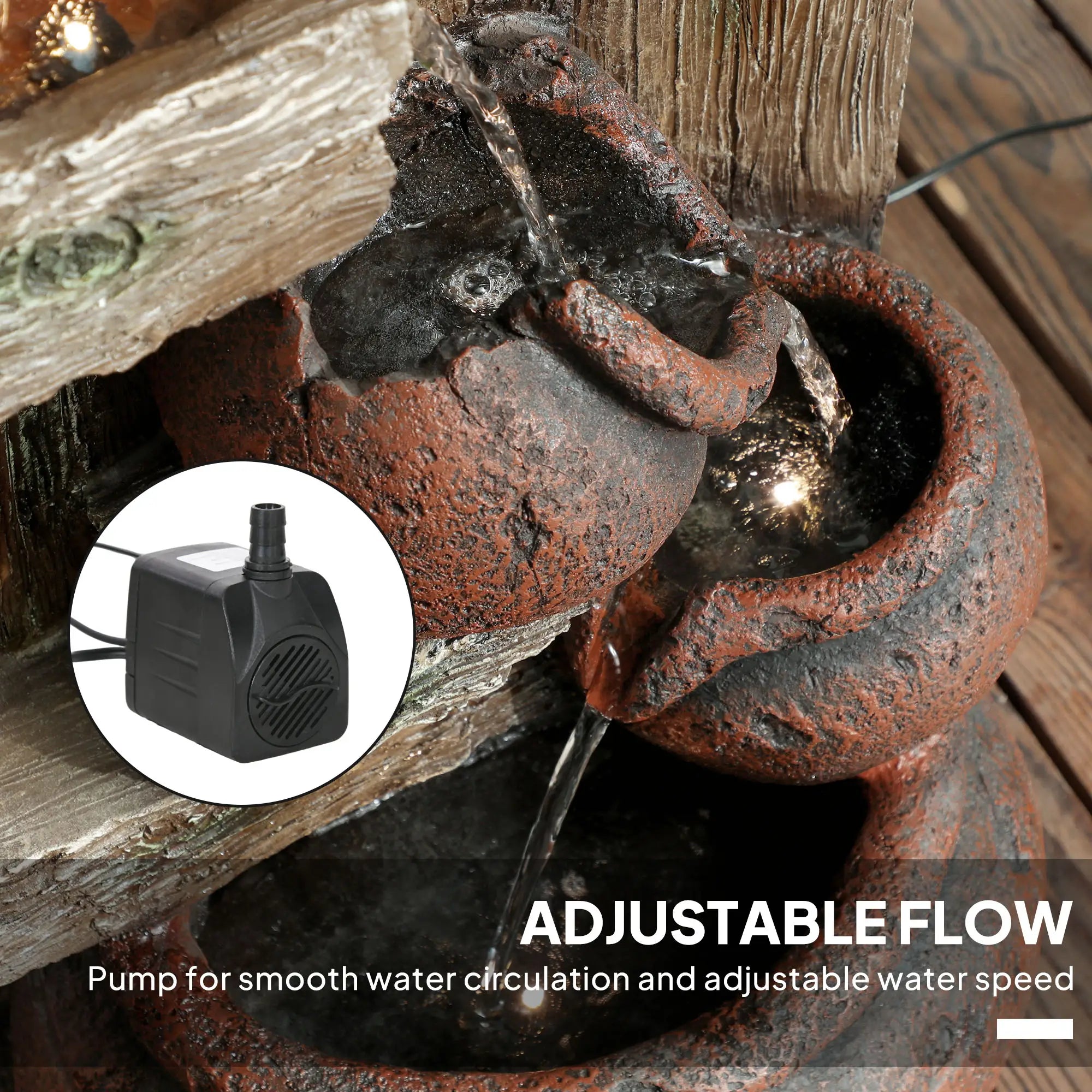 2-in-1 Waterfall Fountain with Birdhouse, Resin Garden Water Fountain with LED Lights Pump, Cascading Garden Water Feature with Tree Trunk Design, Multi-colour