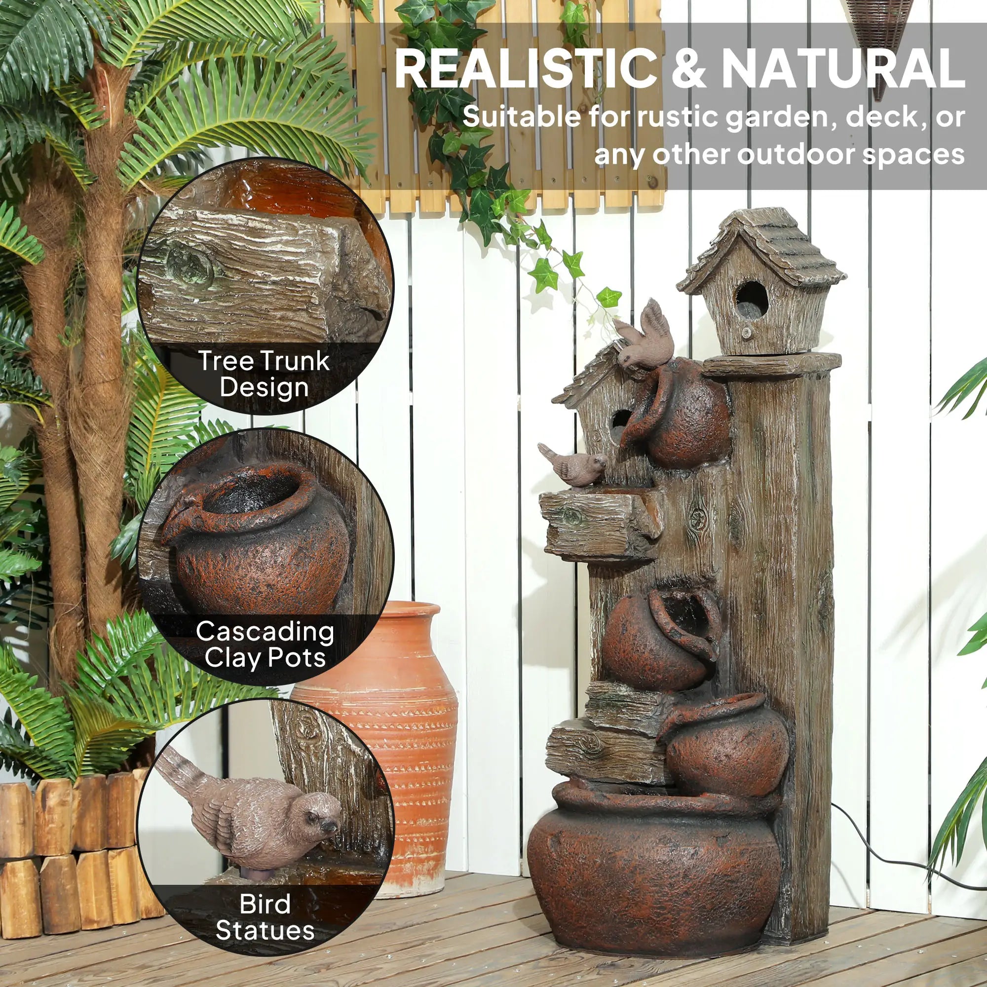 2-in-1 Waterfall Fountain with Birdhouse, Resin Garden Water Fountain with LED Lights Pump, Cascading Garden Water Feature with Tree Trunk Design, Multi-colour