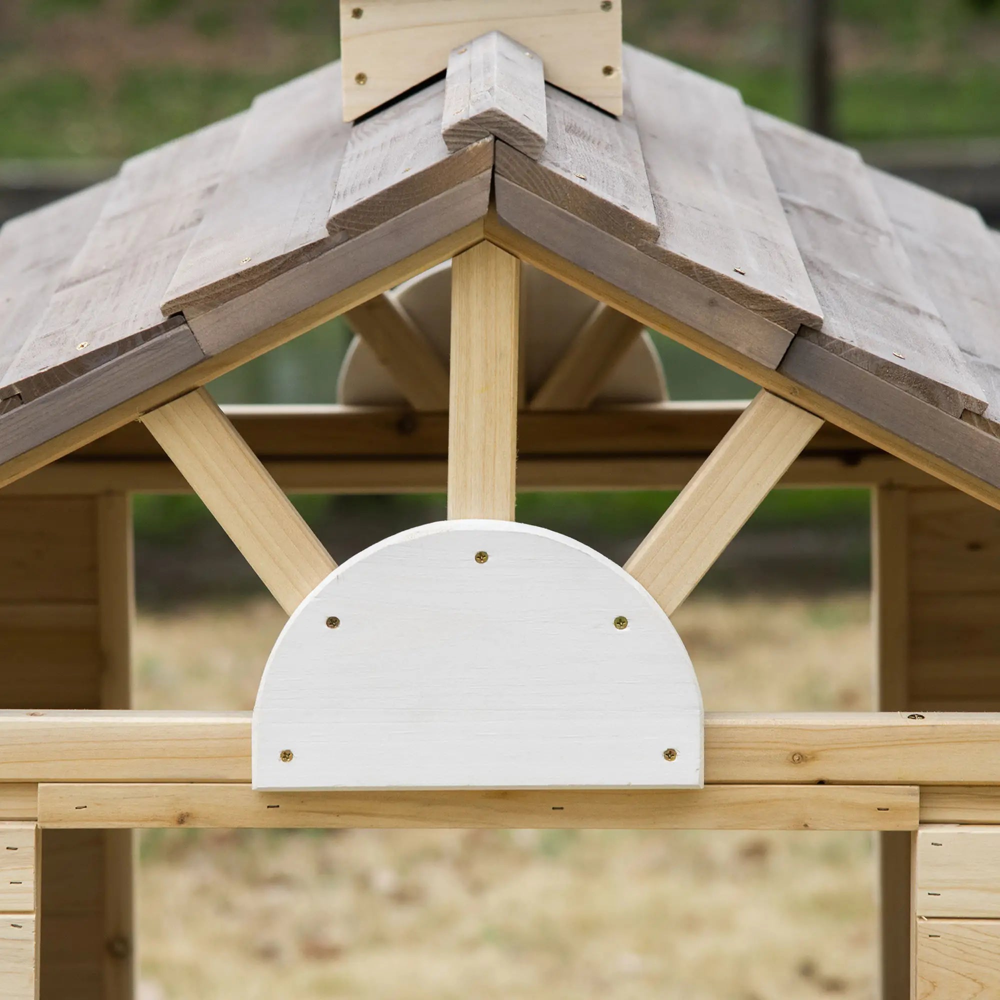 Wooden Playhouse for Kids Outdoor Wendy House with Door, windows, Bench, Service Stations, Flowerpot Holder, For Ages 3-7 Years