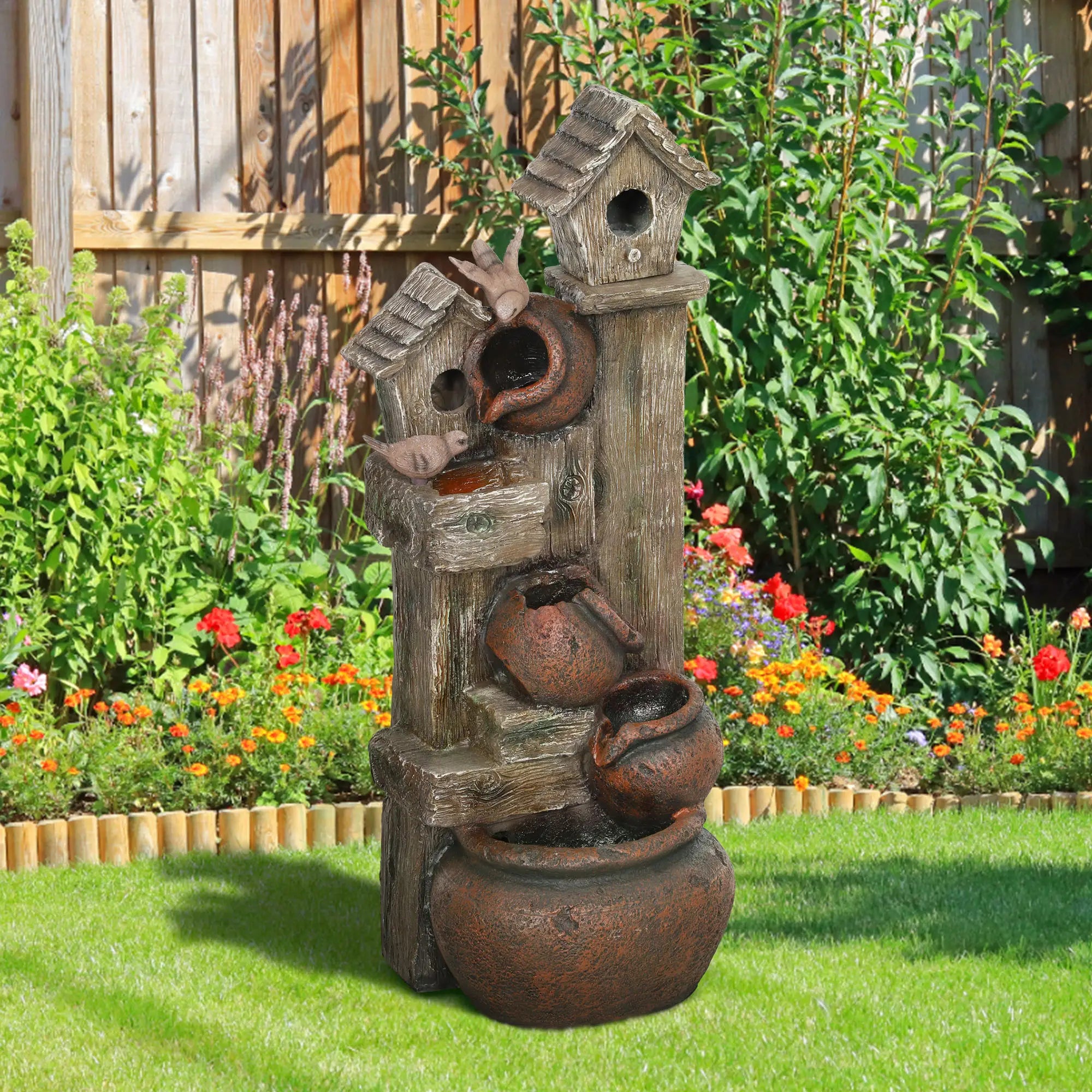 2-in-1 Waterfall Fountain with Birdhouse, Resin Garden Water Fountain with LED Lights Pump, Cascading Garden Water Feature with Tree Trunk Design, Multi-colour