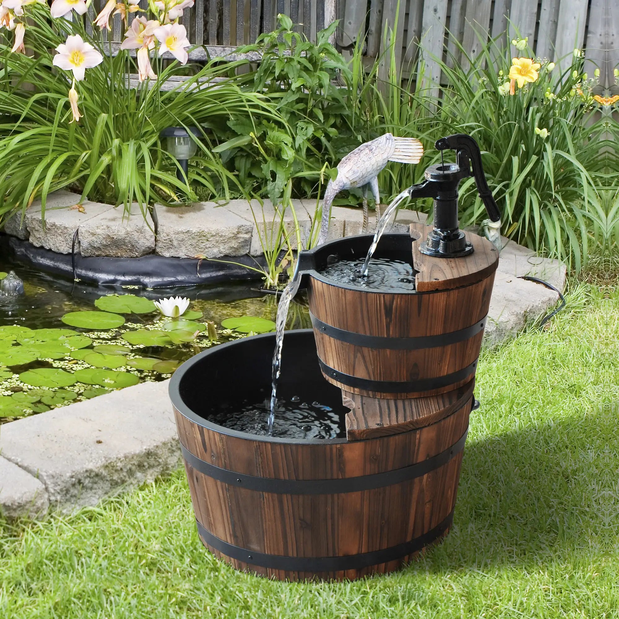 Wooden Water Pump Fountain, 2 Tier-Fir Wood