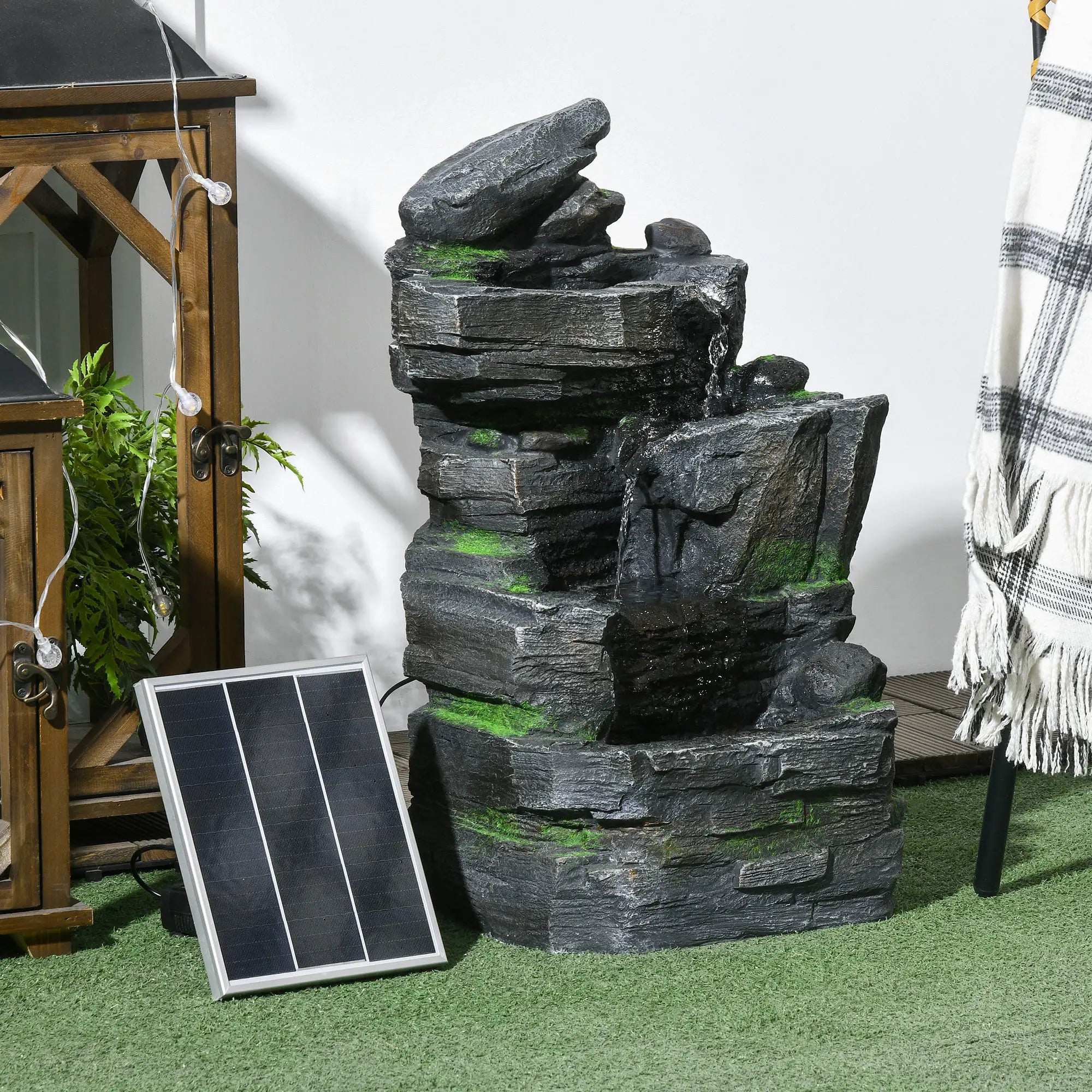 Garden Water Feature, Solar Powered with LED Lights - Dark Grey
