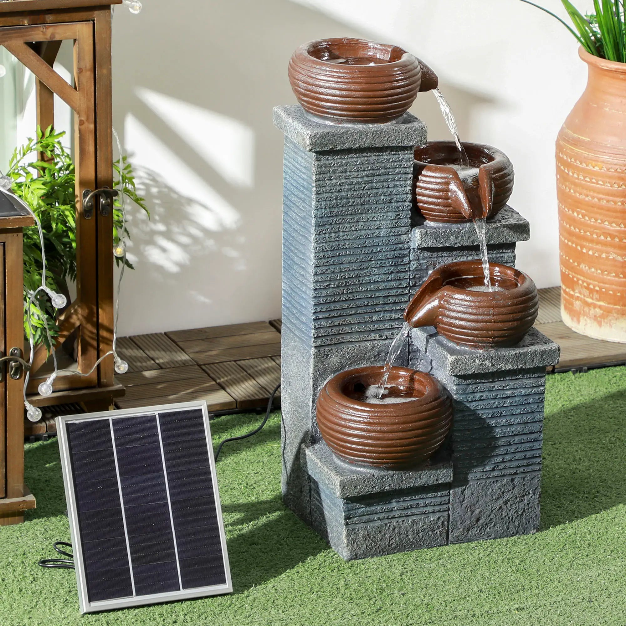 Solar Powered Garden Water Feature with LED Lights and Pump, 4 Tier Cascading Water Fountain for Indoor/Outdoor, Bowls Waterfall Ornament, 58cm Height