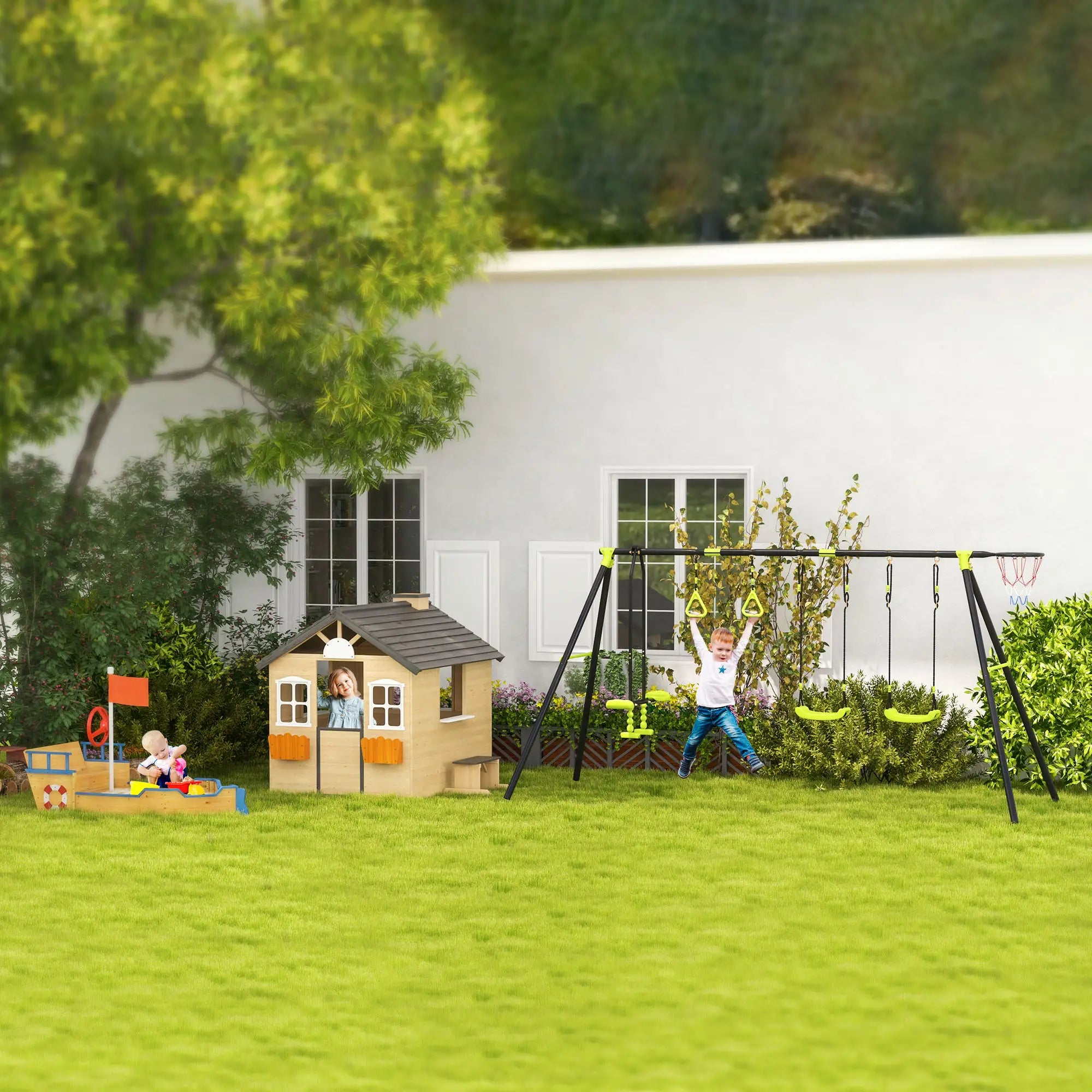 Wooden Playhouse for Kids Outdoor Wendy House with Door, windows, Bench, Service Stations, Flowerpot Holder, For Ages 3-7 Years