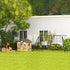 Wooden Playhouse for Kids Outdoor Wendy House with Door, windows, Bench, Service Stations, Flowerpot Holder, For Ages 3-7 Years