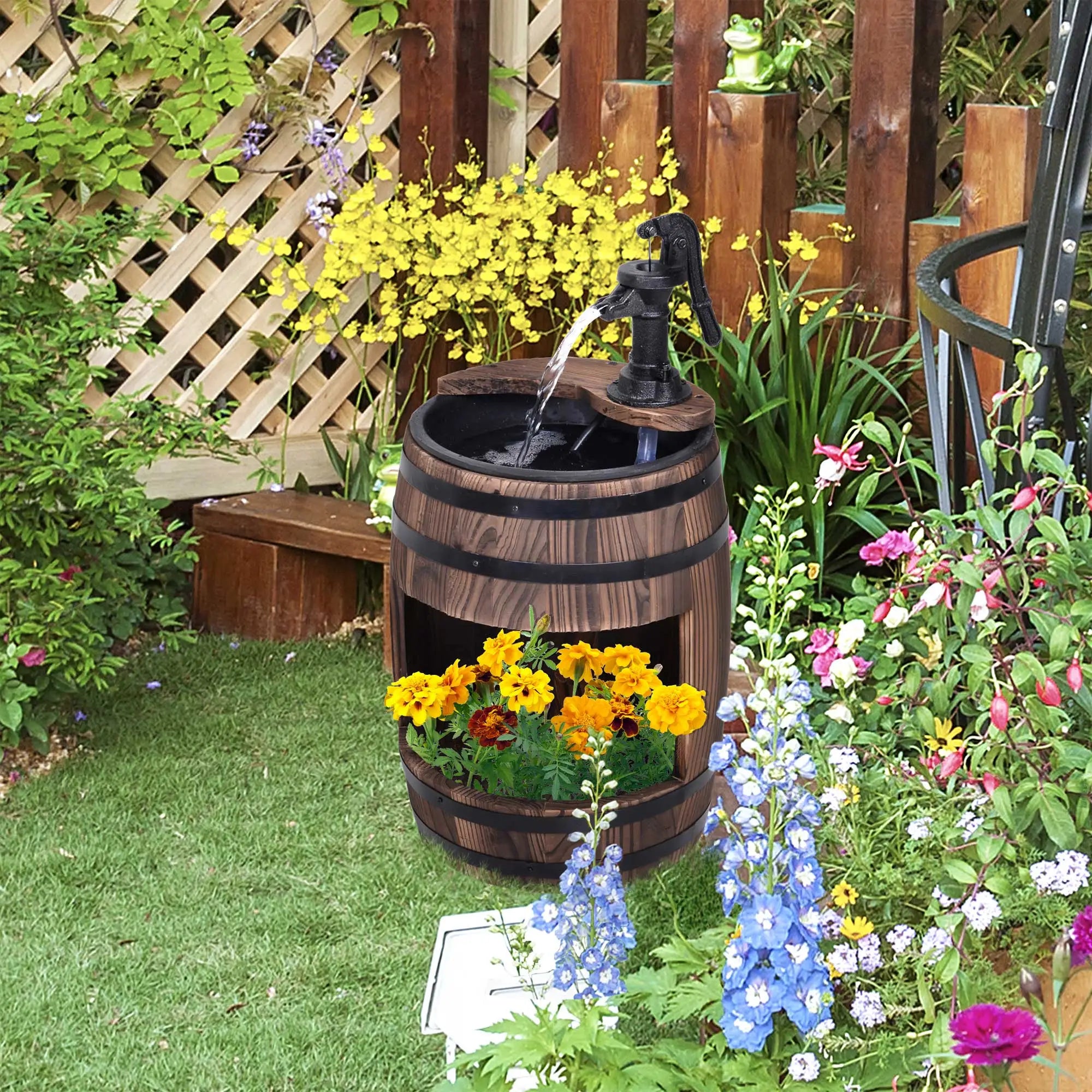 Wood Barrel Patio Water Fountain Electric Pump Garden Decorative Ornament with Flower Planter Decor