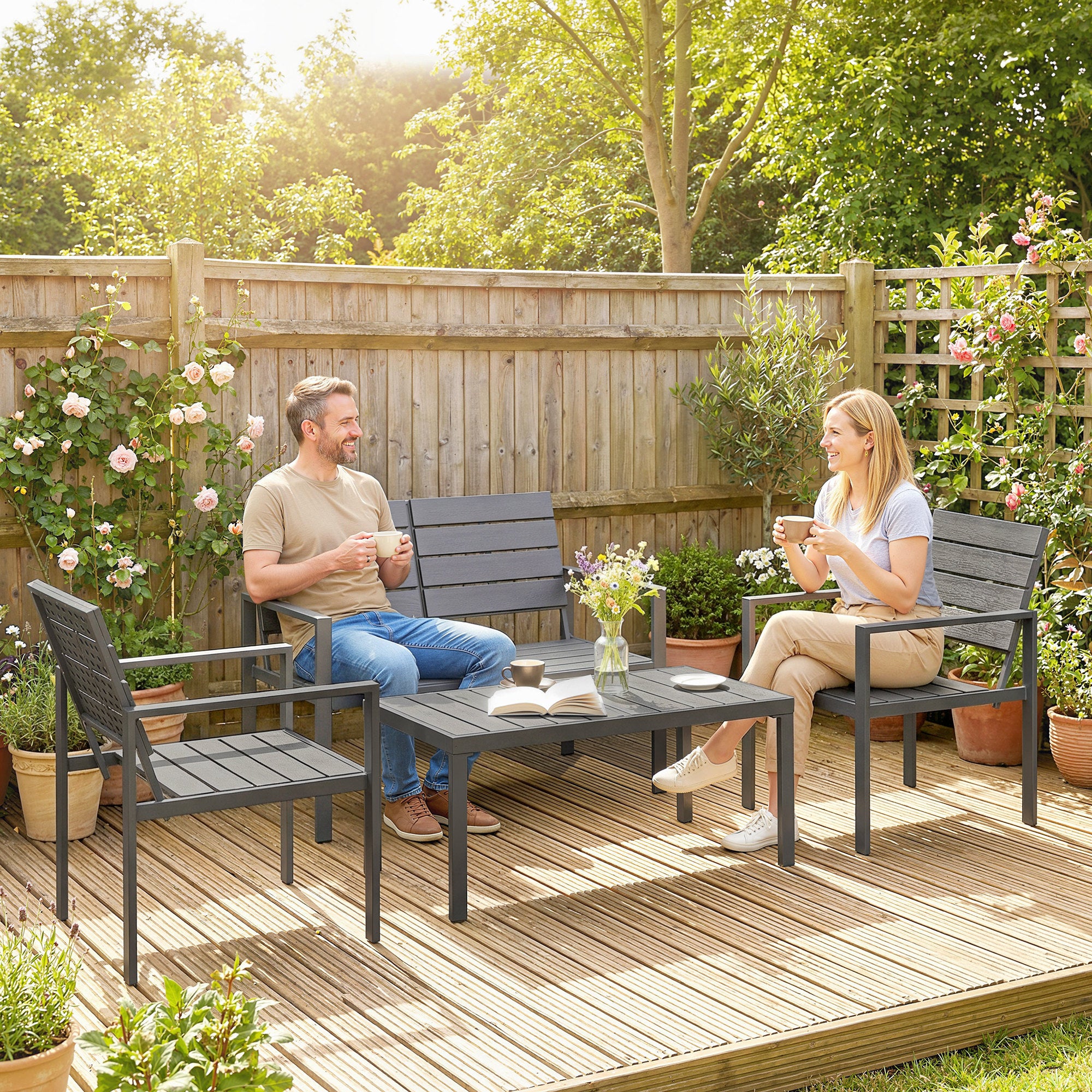 Outsunny 4 Piece Garden Furniture Set, HDPE Metal Outdoor Sofa, Dark Grey